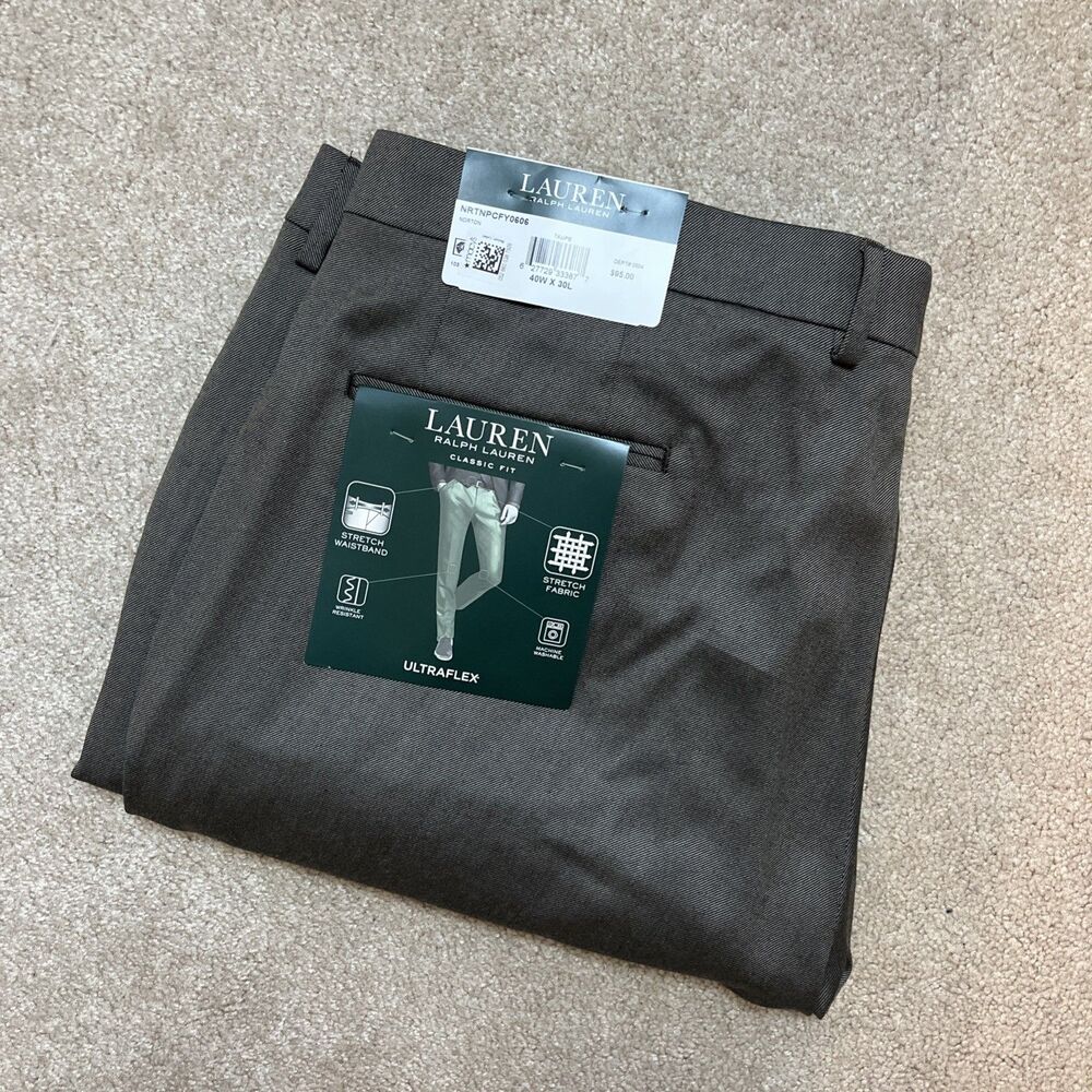 Lauren Ralph Chino Pants Mens 40x30 Norton Taupe UltraFlex Career Office Classic